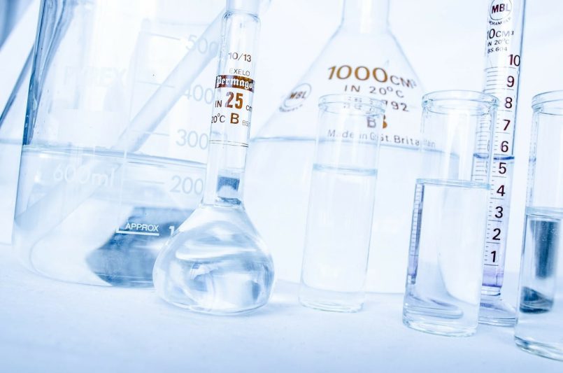 Different glass containers in a laboratory.