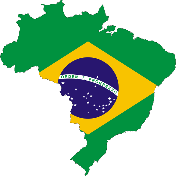 Geographical outlines of Brazil in the colours of the national flag.