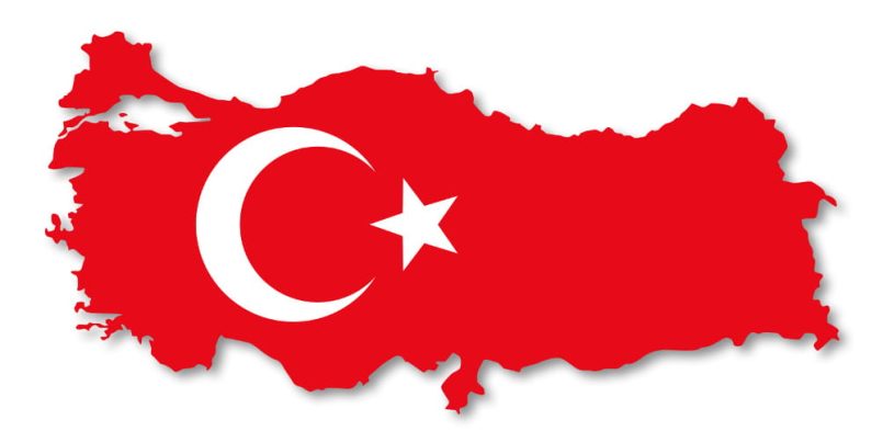 The outline of Turkey in the colours of the Turkish flag.