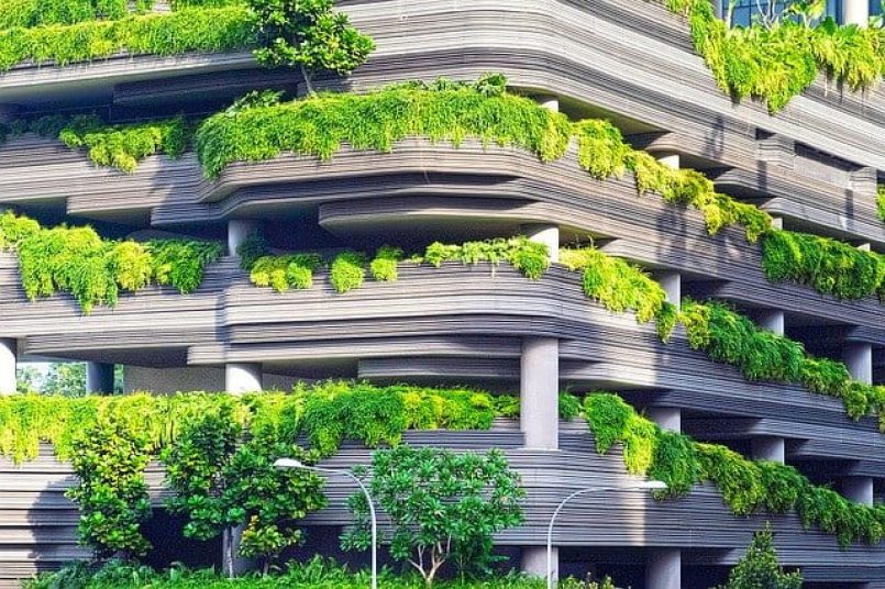 A green concrete façade as a symbolic image.