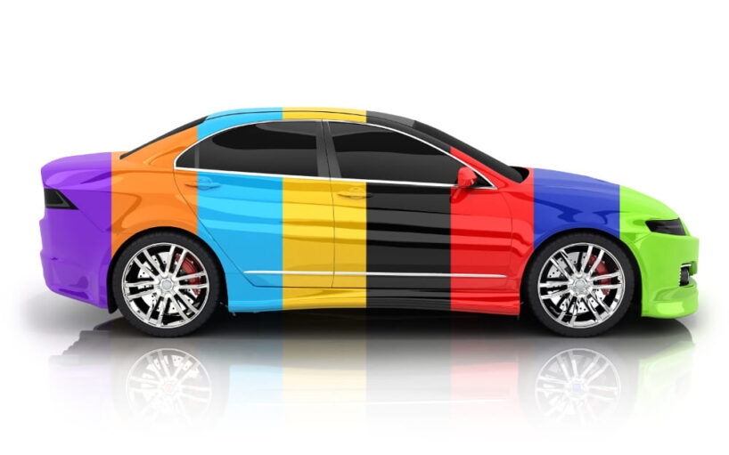 Car painted in variously coloured stripes