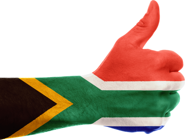 Hand with a symbolised South African flag.