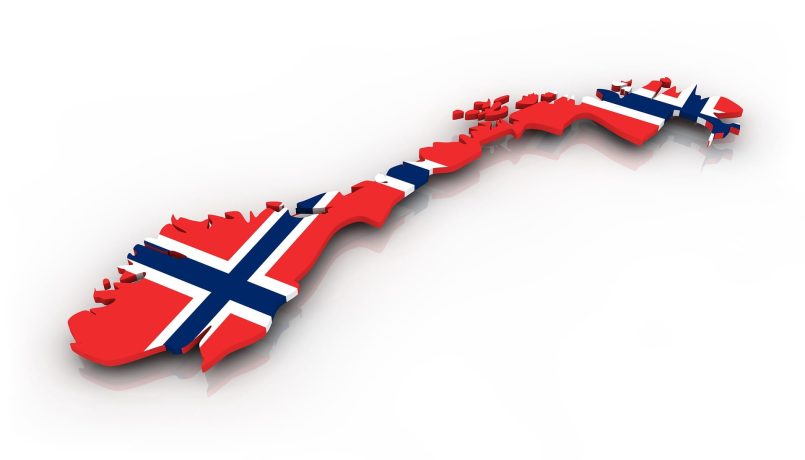 Map of Norway in the colours of the national flag.