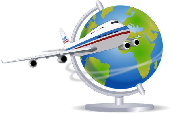 A graphic shows a commercial aircraft in front of a globe.