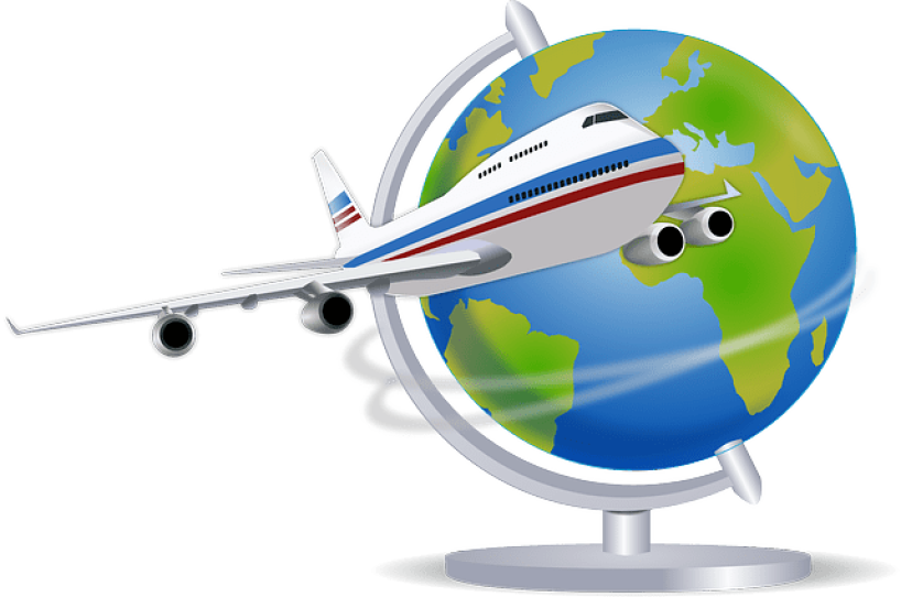 A graphic shows a commercial aircraft in front of a globe.