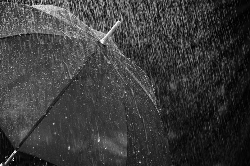 Raindrops patter on an umbrella.