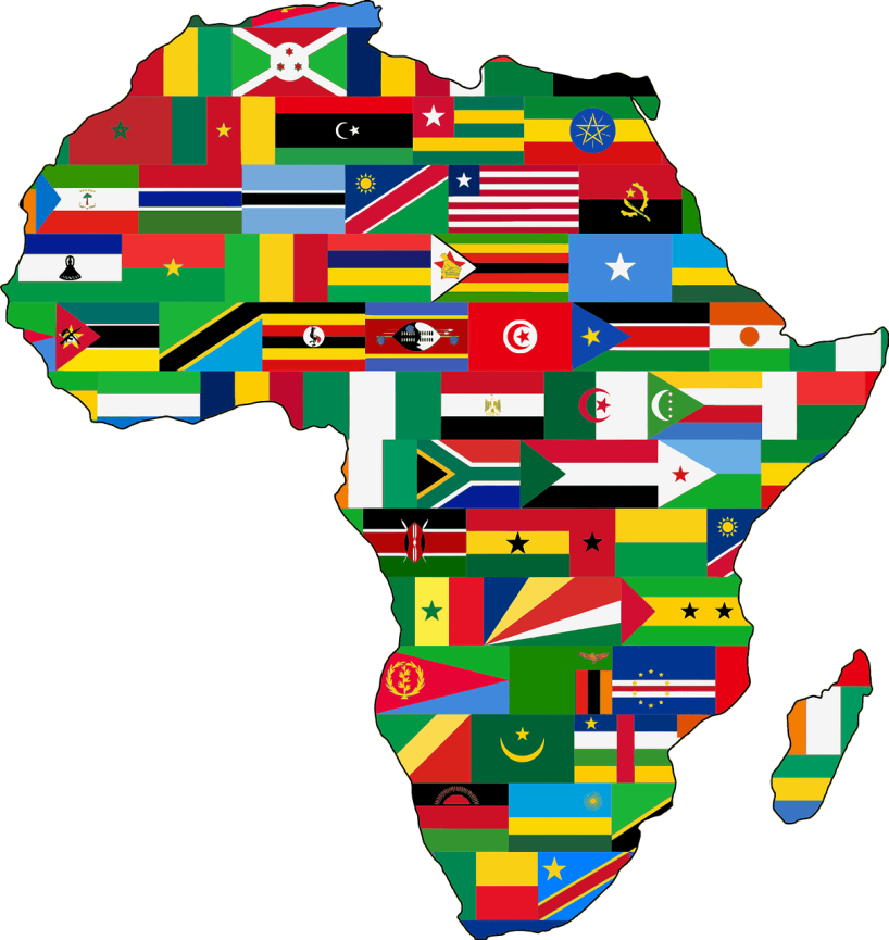 Geographical outlines of Africa in the colours of the national flags of the individual countries.