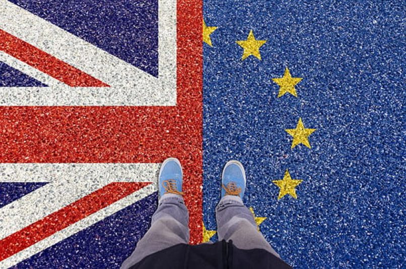 A graphic symbolises the step between the UK and the EU.