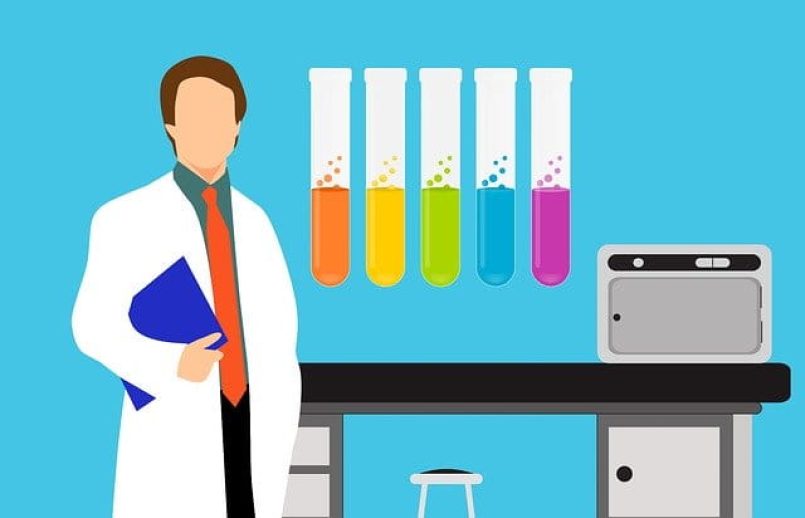 A graphic shows a scientist in a laboratory.