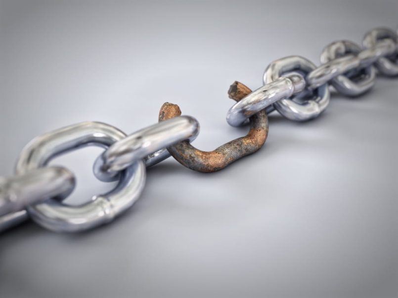 A chain with a corroded link.