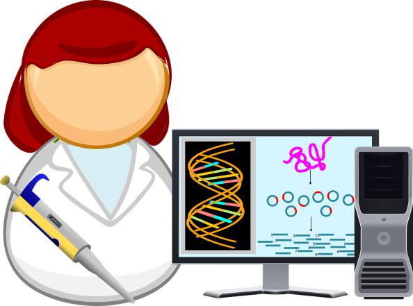 A graphic showing a scientist in a laboratory.