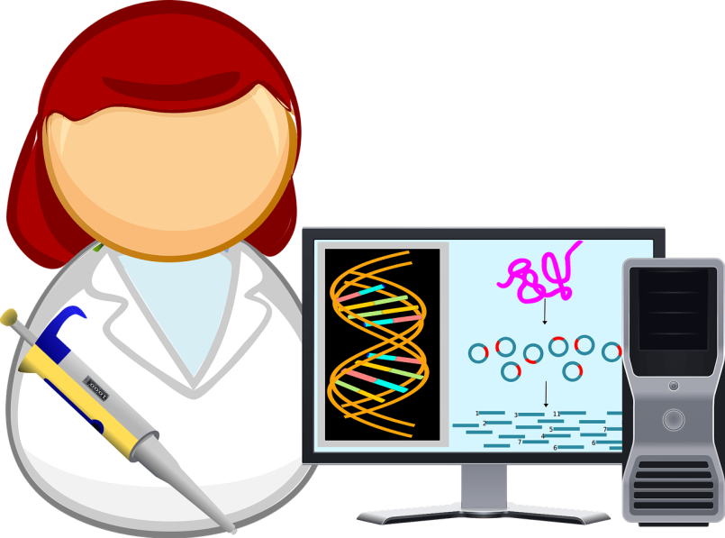 A graphic showing a scientist in a laboratory.