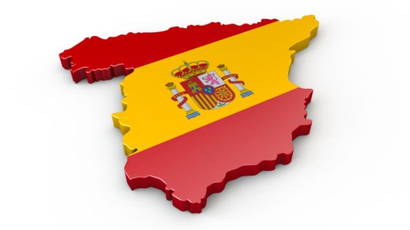 Geographical outlines of Spain in the colours of the national flag.