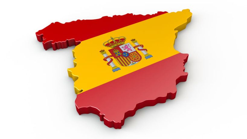 Geographical outlines of Spain in the colours of the national flag.