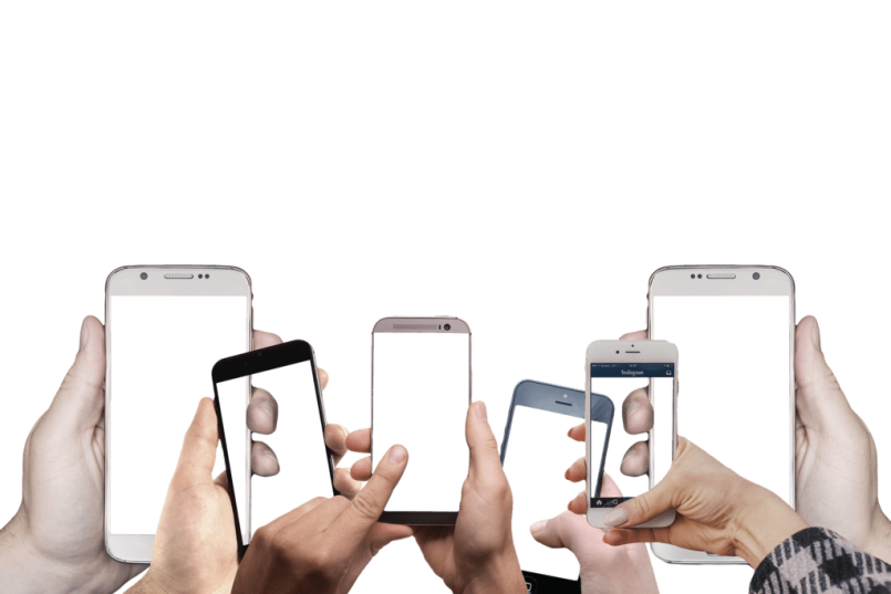 Hands and free-standing smartphone displays.