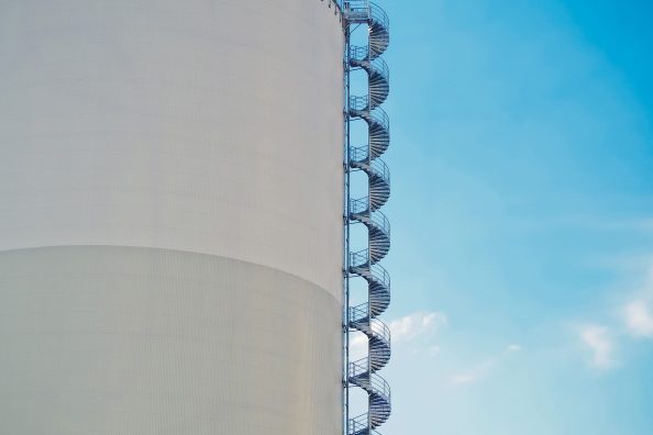 A silo with external stairs as a symbolic image.