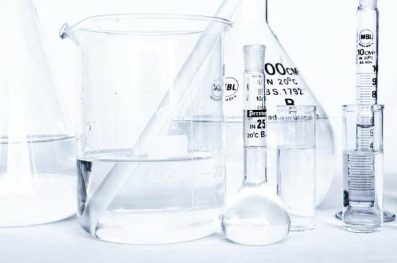 Various glass containers in a laboratory.