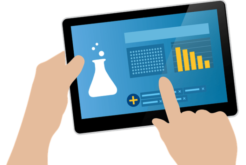 Lab results are shown on a graphically displayed tablet.