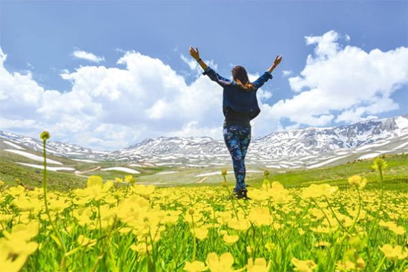 A meadow of flowers and a woman with outstretched arms symbolises environmental sustainability.