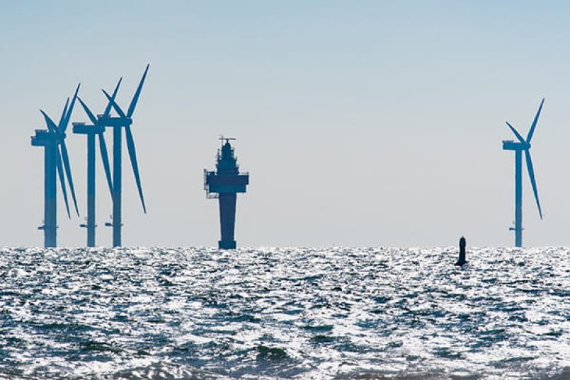 Offshore wind turbines.