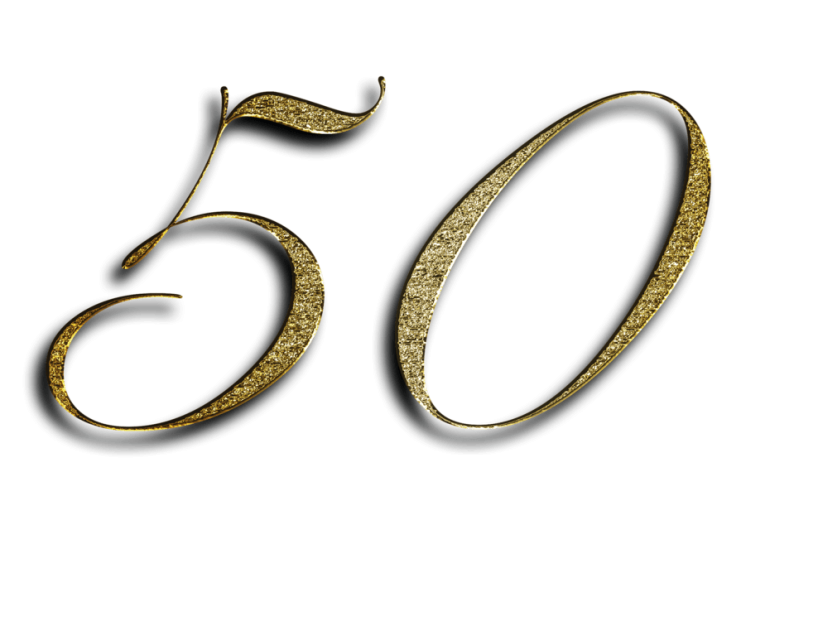 The number 50 in gold lettering on a white background.