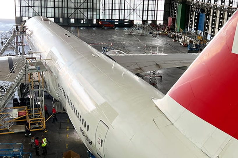 A picture of the aircraft in the hangar.