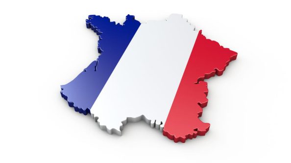 Geographical outlines of France in the colours of the national flag