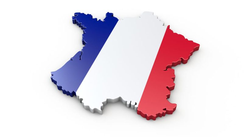 Geographical outlines of France in the colours of the national flag