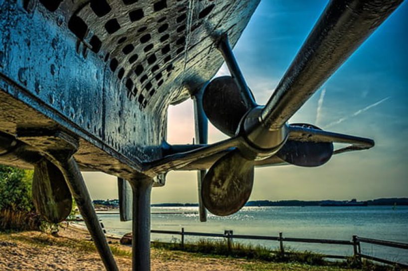 The hull of a ship in a dock.