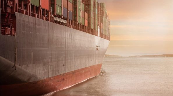 Container ship with painted hull near the shore.