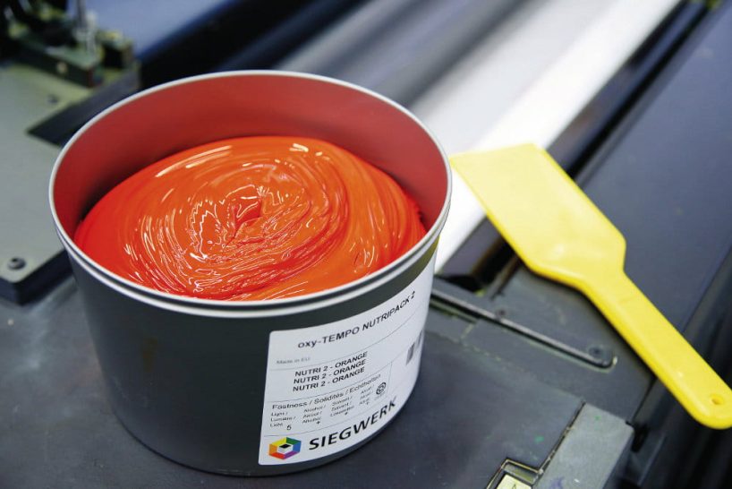 Red printing ink from Siegwerk in a can.