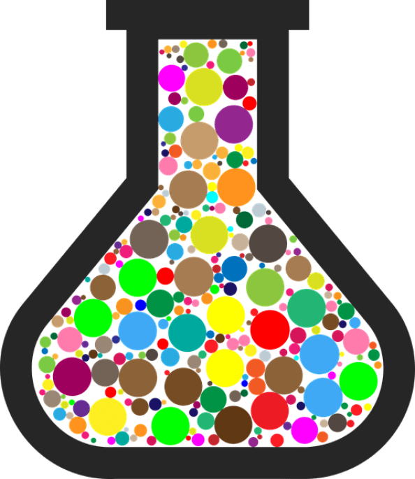 A Graphic with a glass container with multicoloured contents.