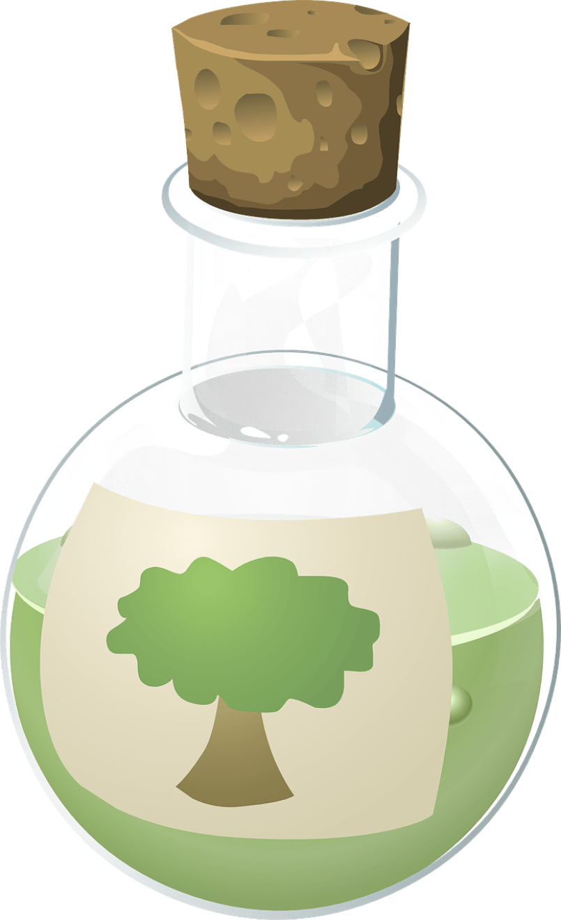 Graphic of a glass flask with a liquid and a label with a printed tree.