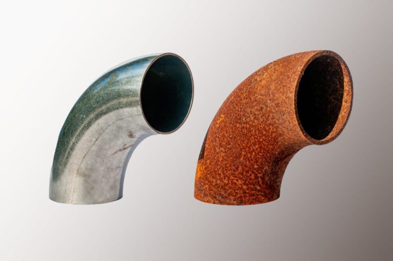 Two pipes with different traces of corrosion.