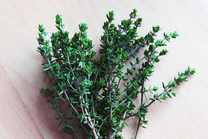 A sprig of thyme on a wooden board as a symbol image.