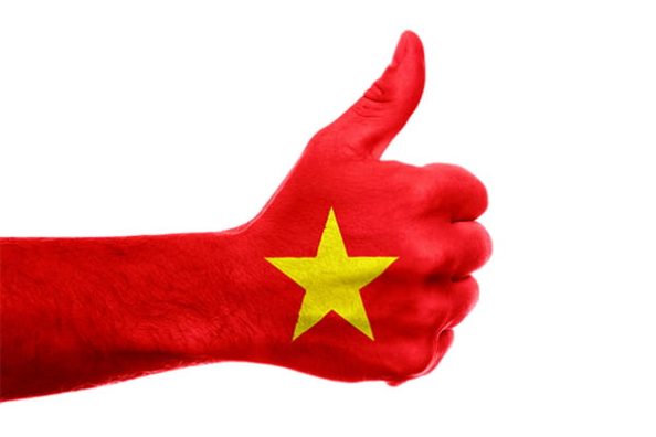 The flag of Vietnam on one hand with the thumb up as a symbolic image.