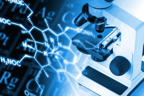 A microscope and chemical formulas as symbol.