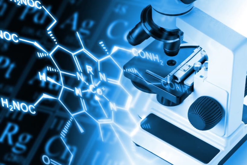 A microscope and chemical formulas as symbol.