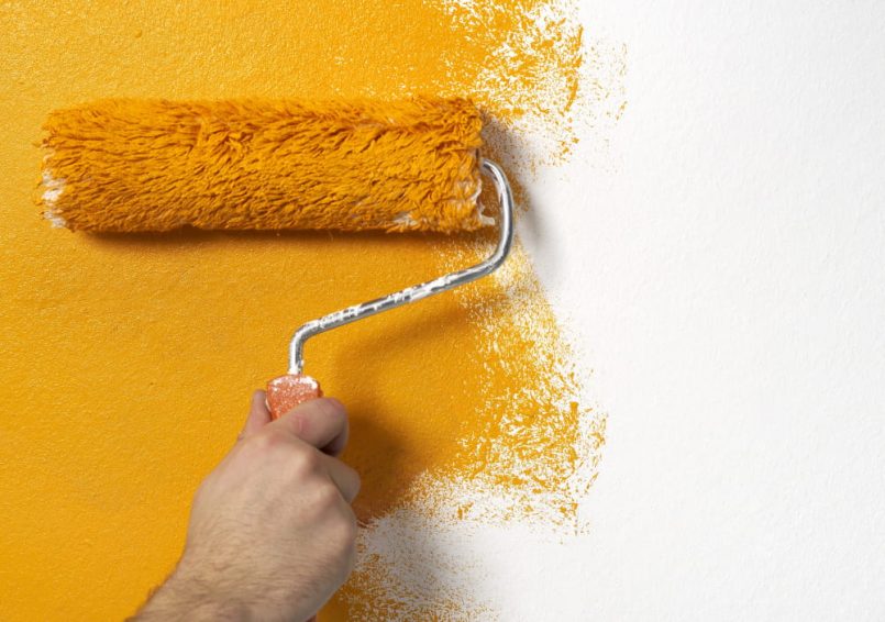 A paint is applied to an interior wall using a paint roller.