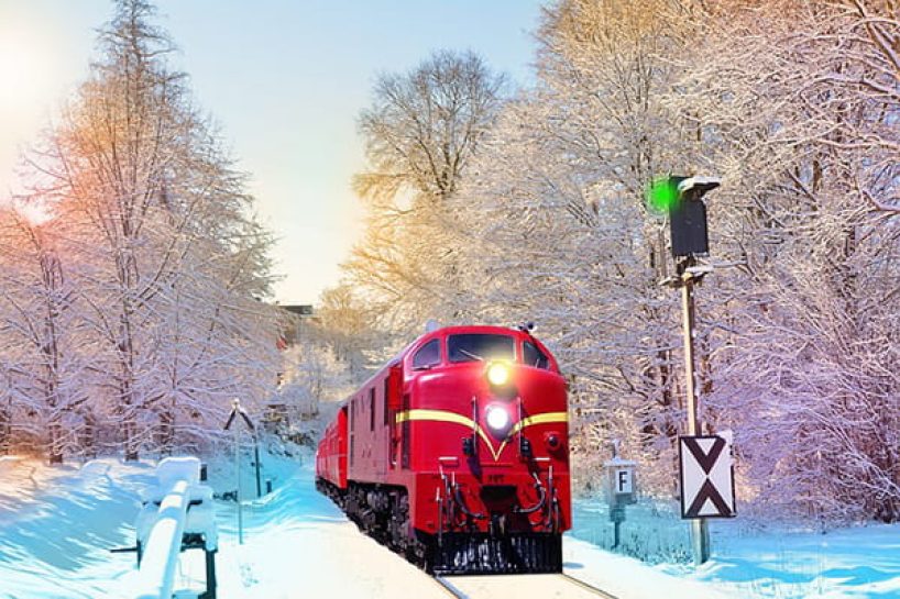 A red-painted train in a wintry forest.